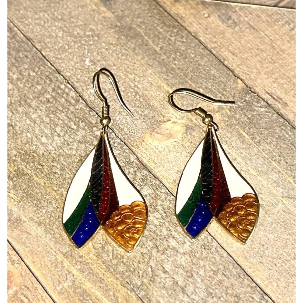 Vtg Cloisonne Enamel Dangly Feather Look Earrings Hook